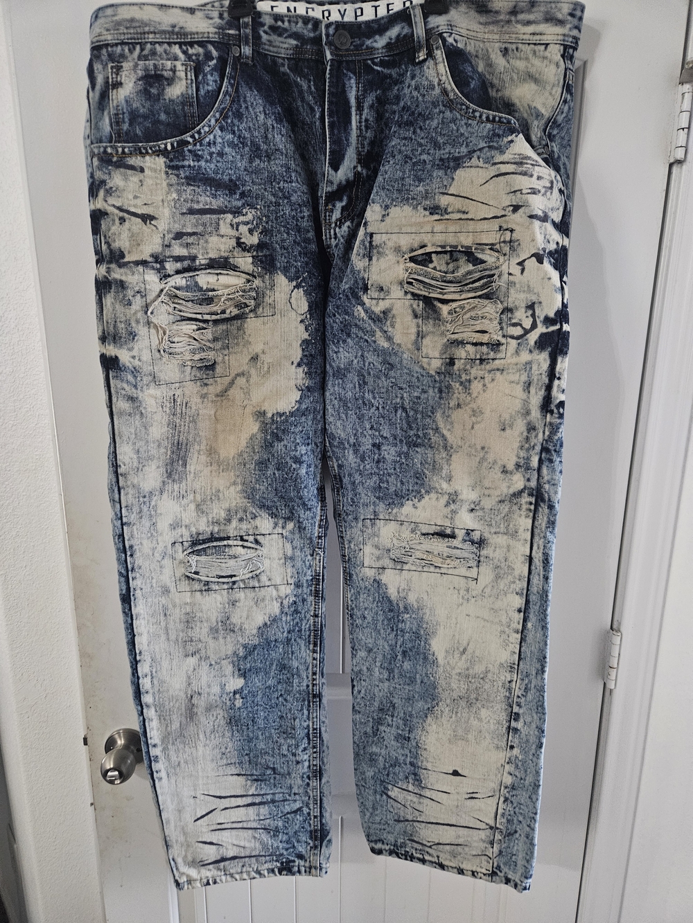 Men’s Distressed Acid-Wash Jeans - Blue/White - Picture 1 of 3